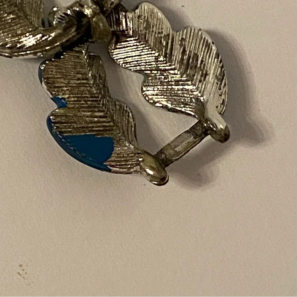 CORO SIGNED BRACELET LINKS BLUE ENAMEL LEAVES VINTAGE SILVER TONE 7”